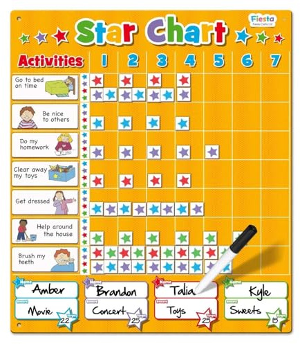 Magnetic Star Reward Chart (T2409) by Fiesta Crafts- Motivational Magnetic Behaviour Chart for Kids & - 200+ Stars,Dry Wipe Pen, 20 Activities- Engaging Star Chart for One or Multi Children