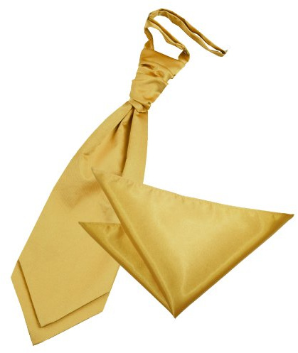 DQT Mens Plain Glossy Satin Wedding Cravat & Pocket Square Set - Formal, Business & Occasion - Gold