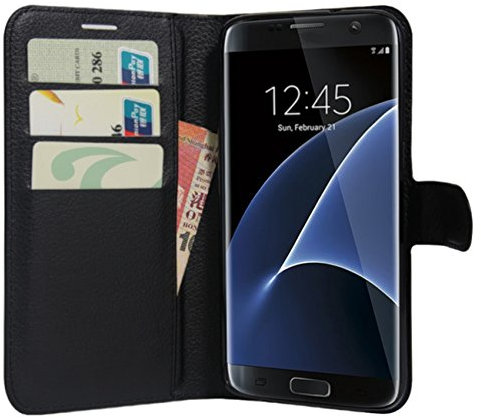 HualuBro Samsung Galaxy S7 Edge Hülle, Premium PU Leder Leather Wallet HandyHülle Tasche Schutzhülle Flip Case Cover für Samsung Galaxy S7 Edge Smartphone (Schwarz)