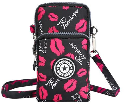 Best World 4 Yu Lightweight Nylon Crossbody Bag Cellphone Wallet for Women Girls Mini Shoulder Purse, Small Bag for Dog Walking with Long Strap(Red Lip Print)