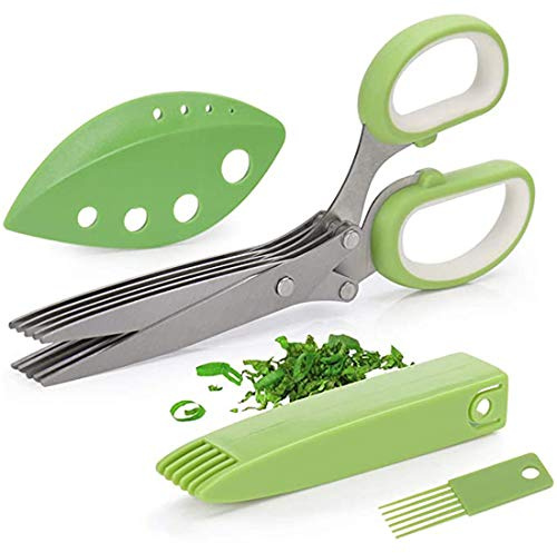 Herb Scissors,Multipurpose Herb Cutting Chopping and Shredding with 5 Blades and Cover with Cleaning Comb,Kitchen Herb Cutting Scissors for Fresh Green Onion, Cilantro, Basil, Parsley