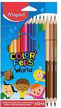 Maped - Pinturas de Madera - Lápices World -12 Pinturas + 3 Lápices Dúo - Gran Variedad de Colores - Incluye Tonos Carne y Madera
