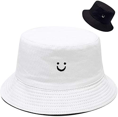 Malaxlx Damen Lächeln Gesicht Bestickt Schwarz Weiß Fischerhüte Sonnenhut Strandhut Fishermütze Sommerhut Draussenhut Faltbarer Reversibel