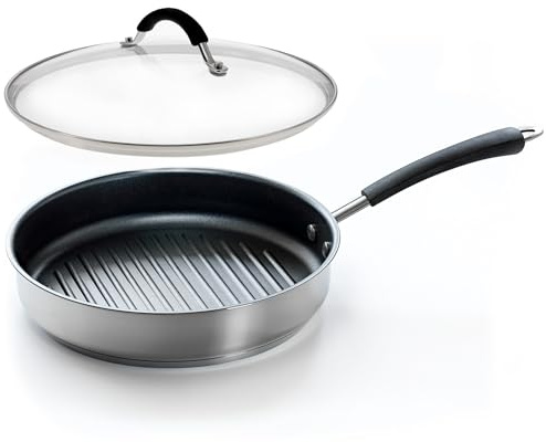 Coolinato Set aus Grillpfanne 26cm mit Glasdeckel, beschichtete Pfanne mit Deckel, Grillplatte rund für Gas Ceran Induktion & Backofen