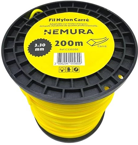 Nemura - Hilo de desbrozadora cuadrado, diámetro: 3,30 mm, L: 200 m, compatible con otras marcas. Alta durabilidad, calidad profesional