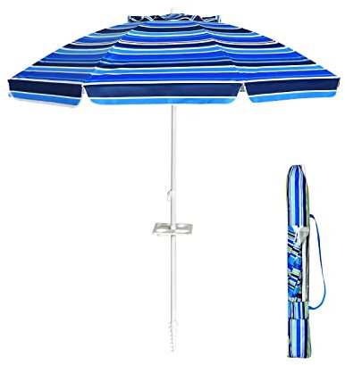 COSTWAY Ombrellone da Spiaggia 200 x 220 cm, Ombrellone da Mare con Inclinazione Regolabile, con Vassoio, 8 Stecche, Protezione UV, Impermeabile, Borsa di Trasporto (Blu Navy)