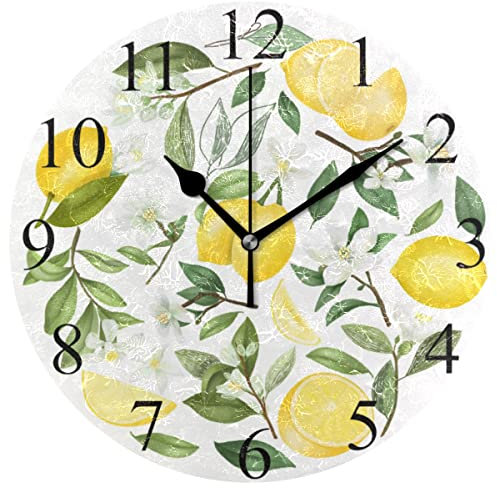 Lemon Flowers Leaves Round Wall Clock 10 Inch Tropical Style Quartz Battery Operated Lime Tree Home Summer Decoration for Living Room Kitchen Bedroom Bathroom Large Numbers
