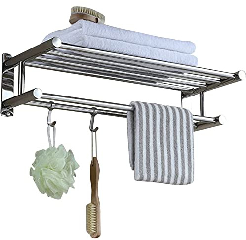 Porte-serviettes Long 50cm 60cm 80cm avec 4 crochets porte-serviettes, porte-serviettes en acier inoxydable avec double étagère à serviettes pour salle de bain, organisateur d'étagère de douche mural
