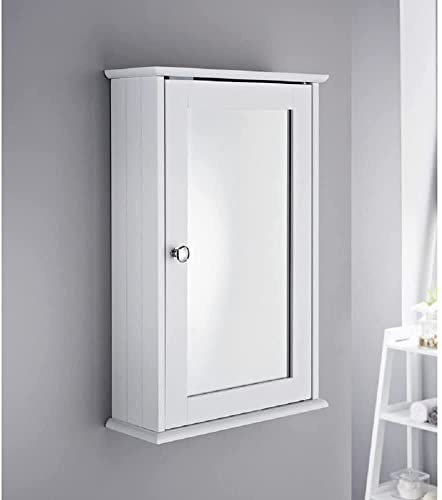 Saxony® Bathroom Wall Cabinets storage unit Slim Single Door Mirrored Small Bathroom Cabinet cupboard wooden Modern Storage Unit with Internal Shelf and Display Shelf White