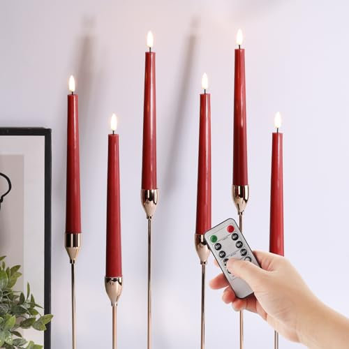 Eywamage Red Flickering Flameless Taper Candles with Remote, Real Wax LED Battery Operated Christmas Candlesticks Set of 6