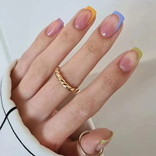 JUSTOTRY 24 Pcs Square False Nails Short, Rainbow French Press on Nails Pattern, Pretty Fake Nails Short, Pastel Stick on Nails for Women, Nails Fake Nail for Nails Art