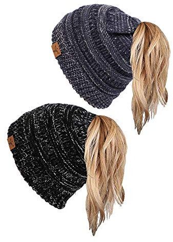 sy soul young Pferdeschwanz Messy Bun Beanie Tail Knit Hole Strickmütze Weiche Brötchen Winter mütze mit zopfloch für Damen(Einheitsgröße,2er-Pack–3-Ton-Schwarz und 2-Ton-Marine)