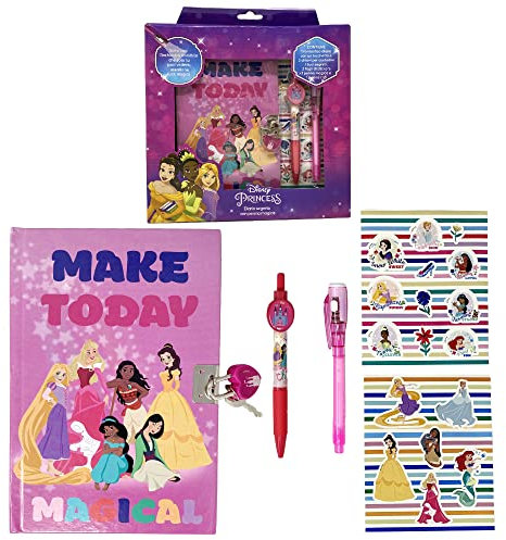 CARTOON Diario segreto Principesse per bambini con accessori, 2 penne, adesivi, lucchetto con 2 chiavi