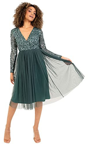 Maya Deluxe Damen Maya Deluxe Dames Dames Wedding Guest Midi Jurk Lange Mouwen Plunging Hals Sequin Embellished Gradua Brautjungfernkleid, Emerald Green, 38 EU