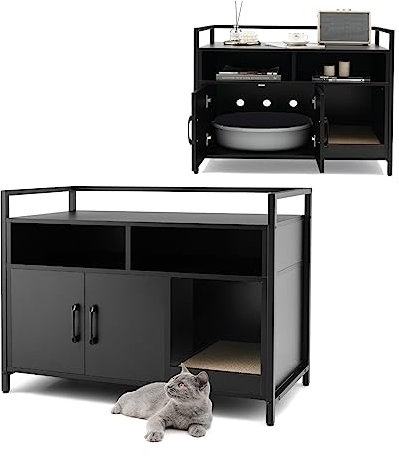 GYMAX Meuble Cache Litière Chat Grand en Bois, avec Griffoir Détachable, Maison de Toilette avec 2 Étagères Rangement Ouvertes, Bon Ventilation et Anti-basculement (Noir)