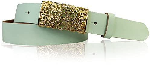 FRONHOFER Damen Ledergürtel Rindleder 3 cm mit goldener floraler Blumenschnalle 7 x 3,5 cm Wechselgürtel für Jeans und Röcke Made in Germany