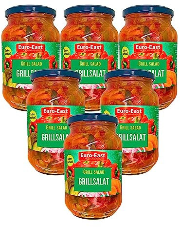 Euro-East Grillsalat 6er Pack im Glas x 460g | vegan, glutenfrei | Gewürzgurkensalat mit Karotten, Paprika und Zwiebeln