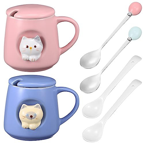 Kichvoe 2set Tazze in Ceramica Design Forma Di Gatto Tridimensionale Coperchio e Cucchiaio Abbinato Per Caffè Tè Succhi Di Frutta e Latte Lavabile in Lavastoviglie e Adatto Per Microonde