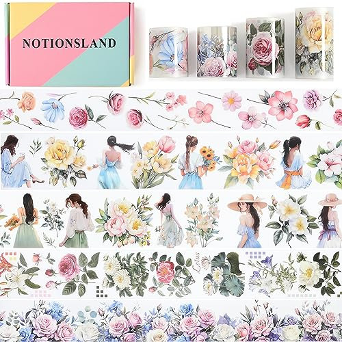 NOTIONSLAND 4 Rolls ästhetisches Washi Tape Set, PET Washi Tape, Multi-Muster dekoratives Washi Tape für Journaling, Bullet Journals, Planer, Kunst für Handwerk