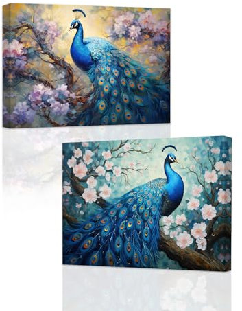 ZXHYWYM Pfauen Wandbild 2 teilig blauer Pfau mit Blume Leinwanddruck elegante Pfauenbilder schöne Vögel Gemälde für Heimdekoration mit Rahmen (28x35cmx2)