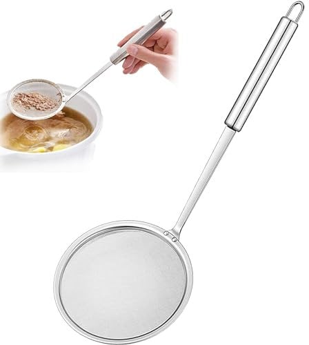 XFLYP 1 Pack Filter Spoon, Strainer Skimmer Spoon, Stainless Steel Fine Wire Mesh Oil Filter Deep Fat Fryer Skimmer Spoon Soup Residue Oil Strainer Colander Spoon with Long Handle