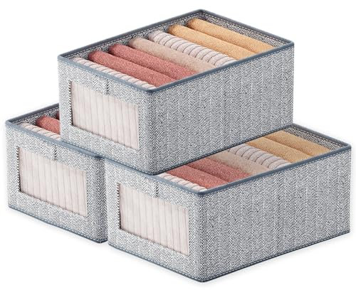 Goesort Set of 3 Clothes Storage Boxes, Wardrobe Storage Organiser Fabric Clothes Organiser, Storage Boxes with Clear Window For Jeans Pants Shirts Leggings Sweaters, Large