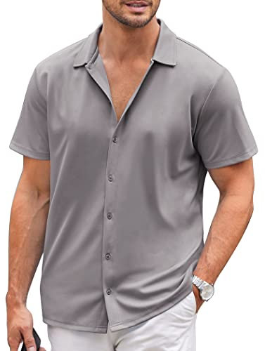 COOFANDY Camisa de Manga Corta sin Plancha Camisas Informales de Verano con Botones Camisa de Playa Lisa para Hombres al Aire Libre Gris L