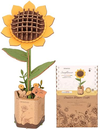 rowood 3D Puzzle Holz Sonnenblume, DIY-Blume Aus Holz, Modellbausätze Für Künstliche Blumen Zum Zusammenbauen Für Erwachsene, Beste Heimdekoration Und Valentinstags-Spielzeug-Geschenkset
