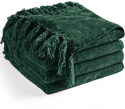 LONG CREATE Chenille-Überwurfdecke für Couch, 152 x 203 cm cm, weich, gemütlich, Überwurf mit Fransenquaste für Bett, Sofa, Stuhl, leicht, gestrickt, dekorative Boho-Decken für Wohnzimmer, Dunkelgrün