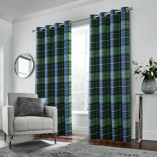 always4u Rideaux 100% occultants à carreaux à œillets chambre tartan rideau plaid brossé carreaux paire aspect laine Highland traitement de fenêtre pour salon vert foncé 168 x 183 cm