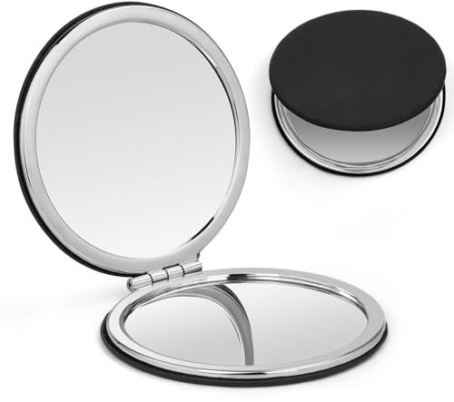 OSDUE Miroir Compact, Miroir Maquillage Poche avec Grossissement x1 / x2 Maquillage Poche Miroirs de Voyage Noir à Double Face pour Femmes Hommes Portable pour Sac à Main (Cuir Noir)