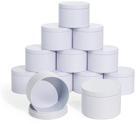JULWHISPER Latas para velas con tapas, 3 mechas, 12 unidades, 420 ml, sin costuras, para fabricación de velas, tarros vacíos para velas, color blanco