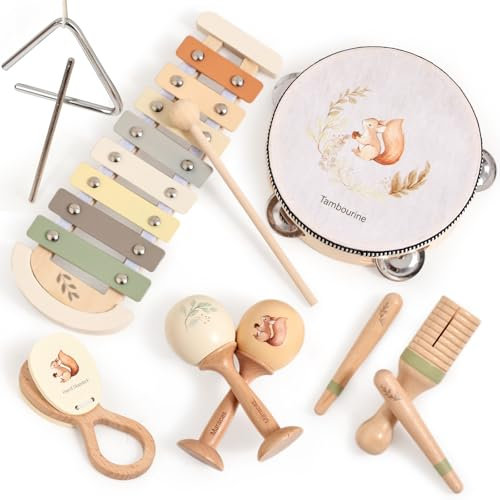 OESSUF Musikinstrumente für Kinder ab 1 Jahr, Montessori Spielzeug Baby ab 1 2 3 Jahr Xylophone Tamburin Kinder Instrumente Holzspielzeug Geburtstagsgeschenke ab 18+ Monate