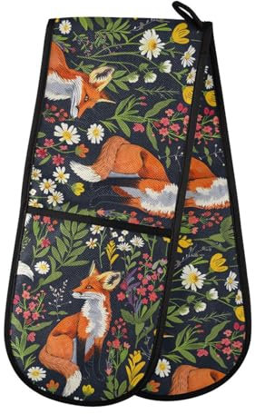 Oven Gloves Double Oven Gloves Fox Animal Forest Oven Mitts Pot Holder Heat Resistant Quilted for BBQ Baking Kitchen Cooking Gloves