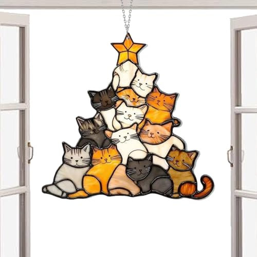 Décoration commémorative pour chat | Arbre de Noël en forme de chat | Décoration empilée pour fenêtre | Arbre de Noël d'hiver Cadeau de Noël pour les amoureux des chats