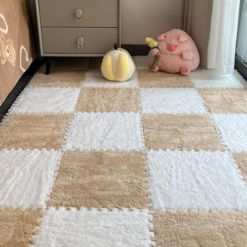 Hkuoeue 20Pcs Milkrugs Puzzle Rug, Milk Rugs Carpet Tiles, Plush Foam Interlocking Floor Mat, Soft Floor Milk Mat for Home, Non-Slip DIYs Cuttable Puzzle Mats for Floor, Bedroom Bedside