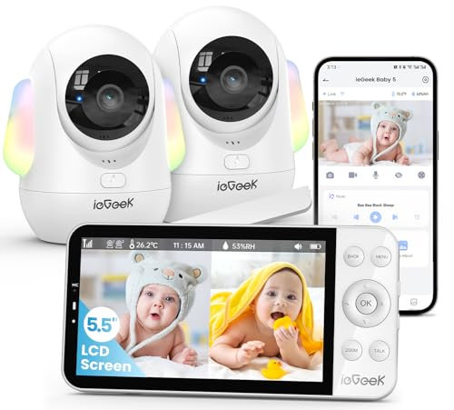 ieGeek Baby Monitor Video,Display 2.5K da 5.5 Pollici&360° Telecamera Con Luce Notturna,Controllo Tramite APP Mobile&Monitor, Tracciamento Automatico,Rilevamento di Suoni e Movimenti