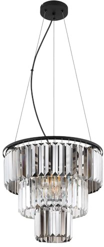 Chandelier Pendant Light Living Room Lamp Dining Room Light Metal Black Glass Crystals Smoke-Coloured 3 Bulbs E27 D x H 40 x 120 cm