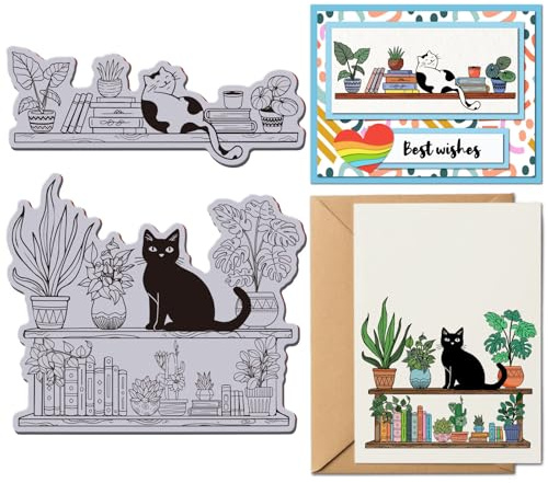 GLOBLELAND Katzen Bücherregal Cling Stamps 8.7X7 Topfpflanze Haftstempel Tier Pflanzen EVA Gummi Stempel Für Die Kartengestaltung Fotoalbum Papierbasteldekor DIY Scrapbooking