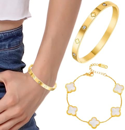 2 Stück Kleeblattarmband, 18K Vergoldeter Armreif GoldArmband Damen Gold Wasserfest, Armband Gold, Damen Armband mit Anhängern für Mutter & Tochter, Geburtstag, Alltag, Geschenk für Frauen