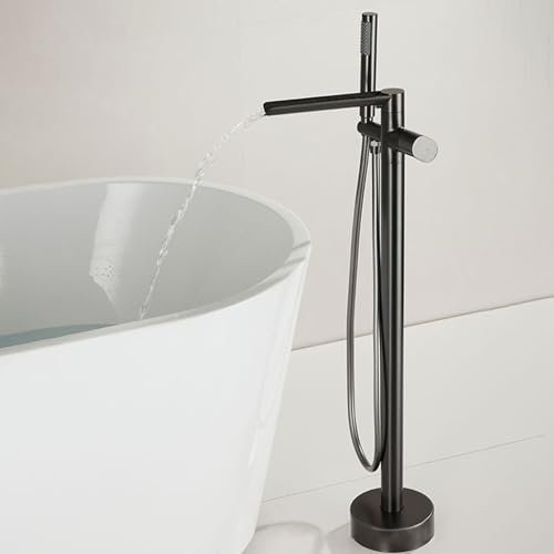 Mitigeur Cascade Baignoire Ilot Sur Pied, 360° Rotation Mode Double Robinet de Baignoire Autoportante Poignée Unique,gris