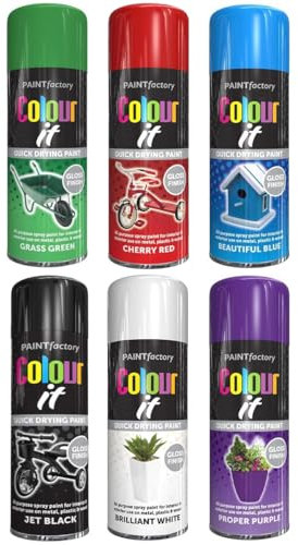 Pack of 6 Spray Paint Gloss Finish 250ml Cans Assorted Colours Quick Dry, Multi-Surface for Wood, Metal, Plastic, Indoor & Outdoor Use