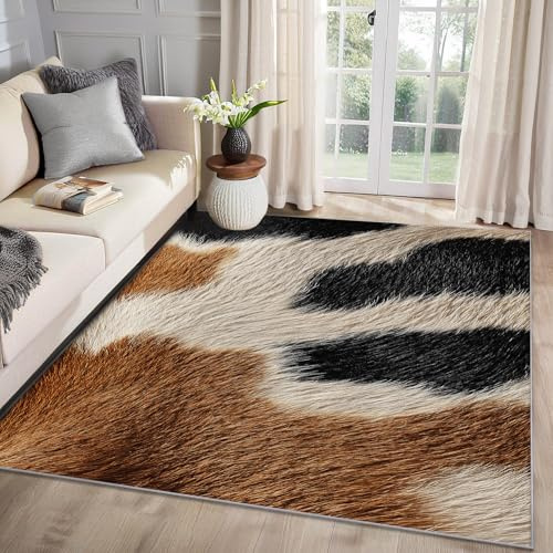 MMYAOKEN Kuhfell Teppich Wohnzimmer 80x150 Western Kuhmuster Kuhdruck Deko, Teppich Kurzflor, Weich rutschfest Waschbare Teppiche, Fußmatte Bettvorleger Schlafzimmer Kinderzimmer