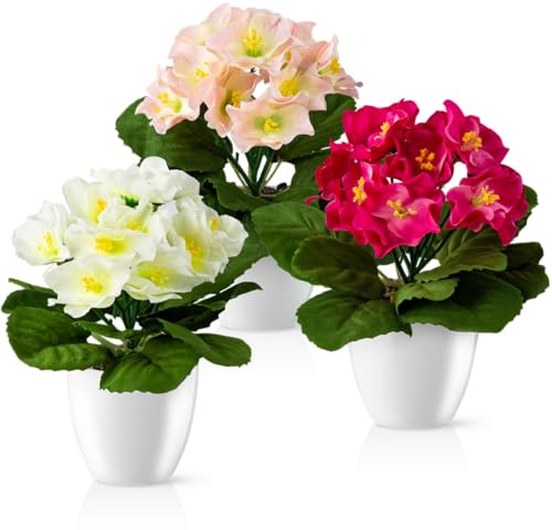 PASCH Begonia en maceta de cerámica de alto brillo, flores artificiales en maceta, flores artificiales, como reales (begonia japonesa, 3 piezas, 16 cm)