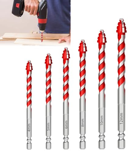 6 Pcs Tungsten Carbide Drill Bit Sets,Masonry Drill Bits Set,Four Edged Serrated with 1/4 Hex Shank for Tile Glass Quartz Porcelain Cement Brick Marble Wood (4/5/6/8/10/12mm,Red)