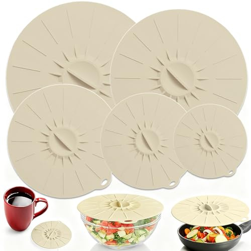 Silikondeckel Schüssel, Wiederverwendbar Silikon Deckel Universal, Abdeckhauben für Lebensmittel in 5 Größen, Passen Alle Rund Container Flacher Rand (Creme Farben)