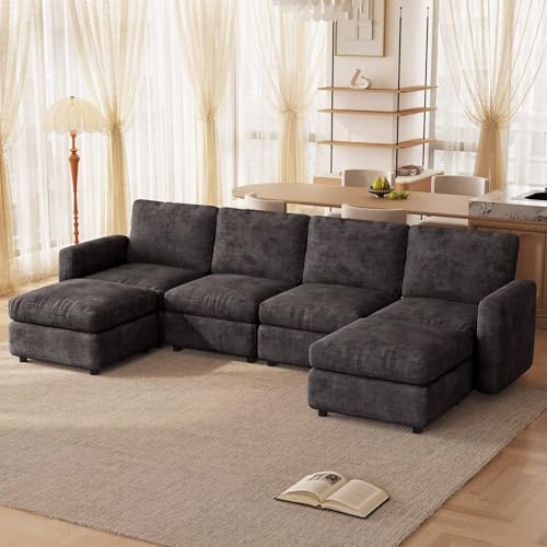 Miuuod 297 cm breites U/L-förmiges 6-Sitzer-Sofa, 4 Sitze mit 2 Aufbewahrungshocker, Moderne Wohnlandschaft mit Massivholzrahmen, modulares Sofalandschaft mit tiefer Sitzfläche