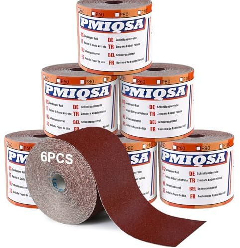 PMIQSA Schleifpapier Rolle Set 93 mm x 5 m x 6 Rolle 60-400 Körnung | Aluminiumoxid Schleifpapier zum Schleifen Polieren für Handschleifen Schwingschleifer