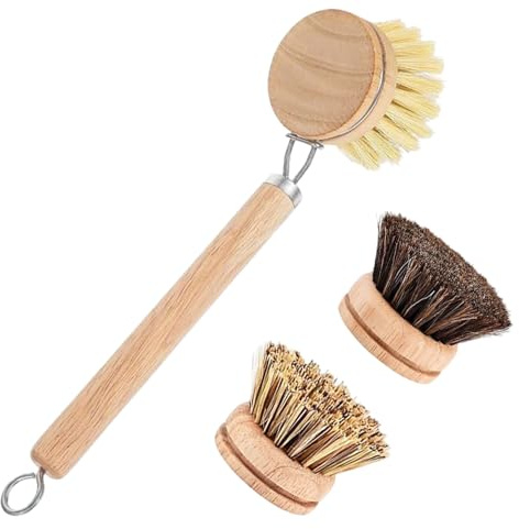 Hooolee Wooden Washing Up Brush, Natural Dish Brush for Kitchen with 3 Removable Bristle Heads (Horsehair, Sisal, Palm), Cleaning Brush for Pot Pan Bowl