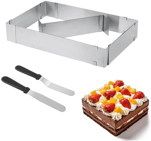 Minicoco Rectangular Cake Mould Adjustable Cake Frame Stainless Steel Baking Mould with Two Stainless Steel Spatulas for DIY Mousse Cakes Desserts and Pizzas (5cm Height)